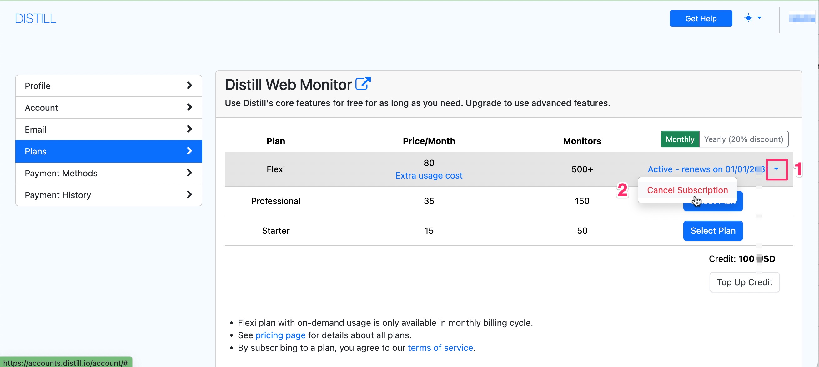 Option to cancel a paid subscription