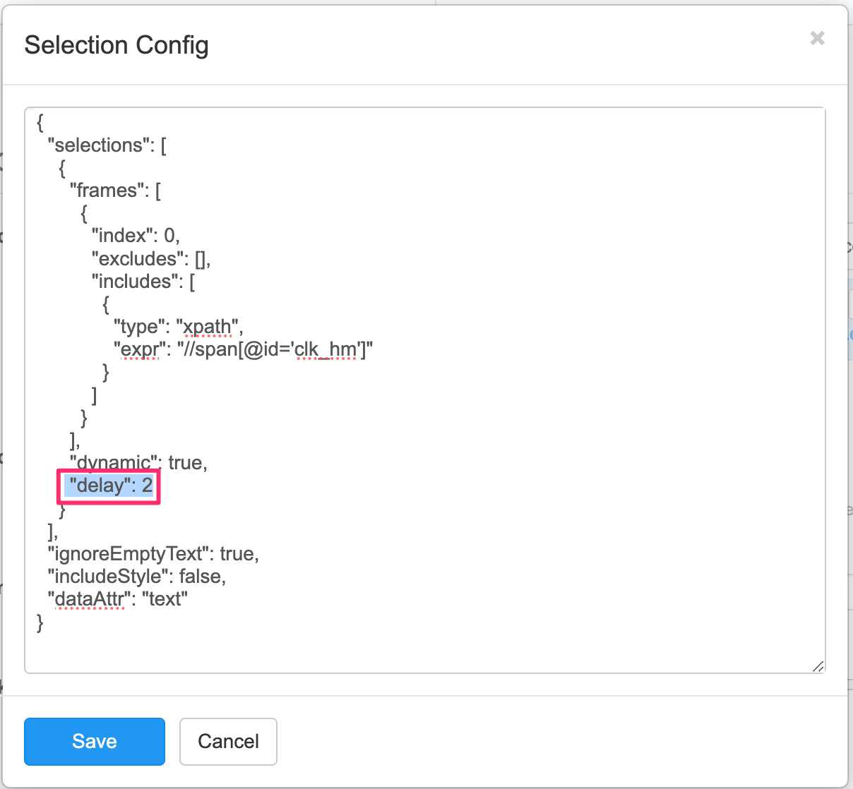 Config with delay highlighted