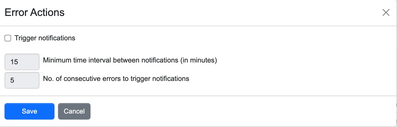 Accessing error actions settings